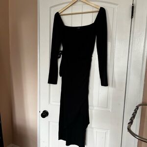 Aritzia Wilfred | Elegant Black Long Sleeve Square Neck Faux Wrap Dress | L